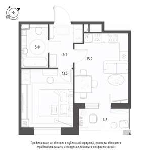 1-к квартира, строящийся дом, 41м2, 2/9 этаж