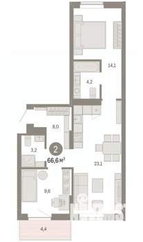 2-к квартира, вторичка, 67м2, 6/9 этаж
