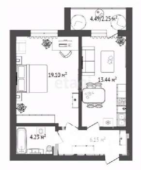 1-к квартира, строящийся дом, 46м2, 6/16 этаж