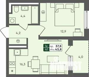 1-к квартира, строящийся дом, 42м2, 3/4 этаж