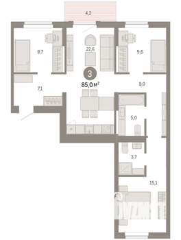 3-к квартира, вторичка, 85м2, 6/9 этаж