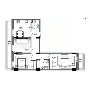 3-к квартира, строящийся дом, 75м2, 8/8 этаж