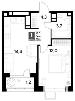 1-к квартира, строящийся дом, 36м2, 1/21 этаж