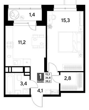 1-к квартира, строящийся дом, 38м2, 20/21 этаж