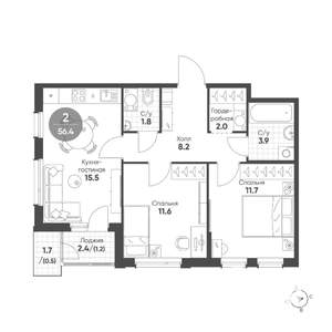 2-к квартира, вторичка, 56м2, 9/10 этаж