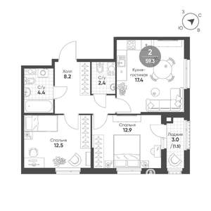 2-к квартира, строящийся дом, 59м2, 6/12 этаж