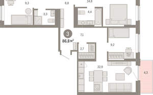 3-к квартира, вторичка, 87м2, 8/9 этаж