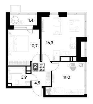 2-к квартира, строящийся дом, 48м2, 20/21 этаж