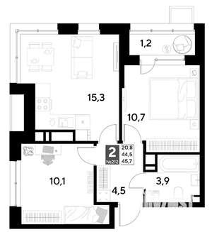 2-к квартира, строящийся дом, 46м2, 18/21 этаж