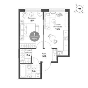 1-к квартира, строящийся дом, 41м2, 5/12 этаж