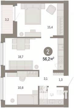2-к квартира, вторичка, 56м2, 3/16 этаж
