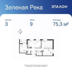 3-к квартира, вторичка, 75м2, 9/9 этаж