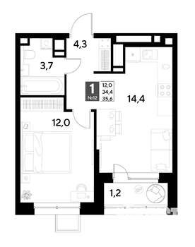 1-к квартира, строящийся дом, 36м2, 2/21 этаж