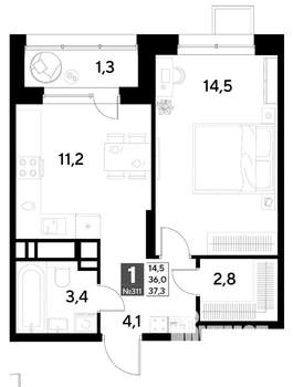 1-к квартира, вторичка, 37м2, 7/21 этаж