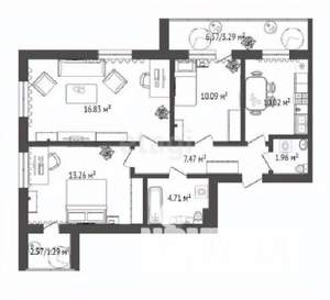 3-к квартира, строящийся дом, 71м2, 1/16 этаж