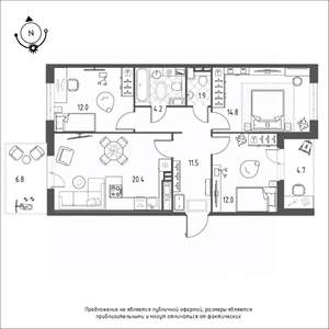 3-к квартира, строящийся дом, 81м2, 12/12 этаж