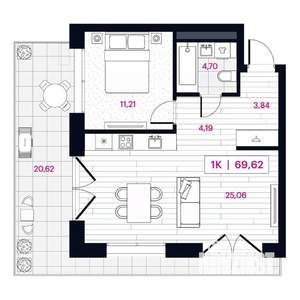 1-к квартира, строящийся дом, 70м2, 2/15 этаж