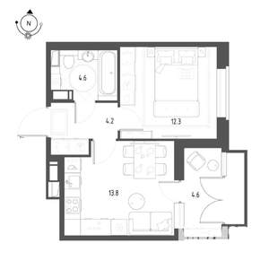 1-к квартира, строящийся дом, 37м2, 9/12 этаж