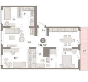 3-к квартира, вторичка, 103м2, 8/9 этаж