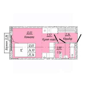 1-к квартира, строящийся дом, 25м2, 2/8 этаж