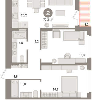 2-к квартира, вторичка, 72м2, 7/16 этаж