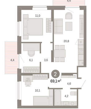 3-к квартира, вторичка, 69м2, 6/9 этаж