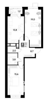 2-к квартира, строящийся дом, 64м2, 10/21 этаж
