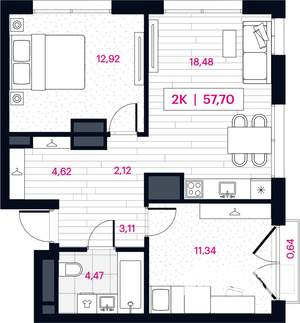2-к квартира, строящийся дом, 58м2, 13/15 этаж