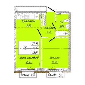 1-к квартира, строящийся дом, 38м2, 2/8 этаж