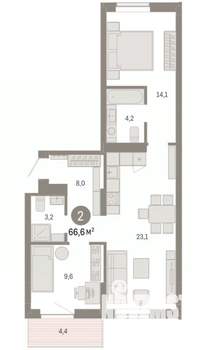 2-к квартира, вторичка, 67м2, 6/8 этаж
