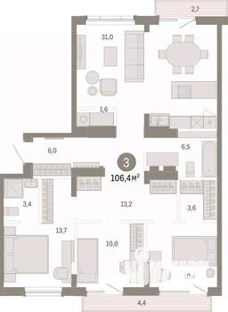 3-к квартира, вторичка, 106м2, 9/9 этаж