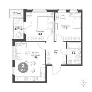 2-к квартира, вторичка, 55м2, 9/10 этаж