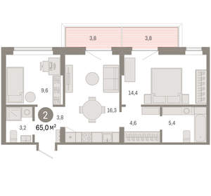 2-к квартира, вторичка, 65м2, 2/9 этаж