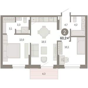 2-к квартира, вторичка, 60м2, 8/9 этаж