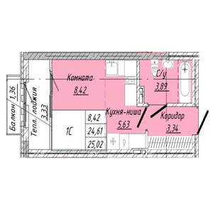 1-к квартира, строящийся дом, 25м2, 7/8 этаж