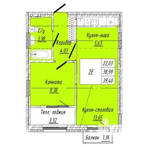 1-к квартира, строящийся дом, 39м2, 6/8 этаж