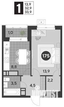 1-к квартира, строящийся дом, 34м2, 15/21 этаж