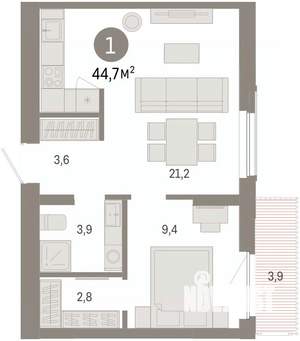 1-к квартира, вторичка, 45м2, 4/16 этаж
