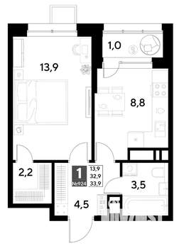 1-к квартира, строящийся дом, 34м2, 10/21 этаж