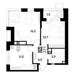2-к квартира, вторичка, 48м2, 20/21 этаж