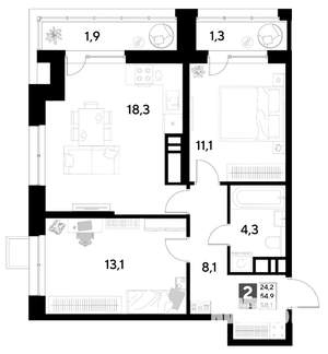 2-к квартира, строящийся дом, 58м2, 4/21 этаж