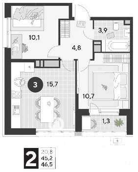 2-к квартира, строящийся дом, 47м2, 9/21 этаж