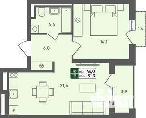 1-к квартира, строящийся дом, 51м2, 2/4 этаж
