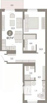 2-к квартира, вторичка, 68м2, 4/9 этаж