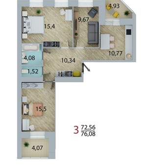 3-к квартира, вторичка, 73м2, 2/10 этаж