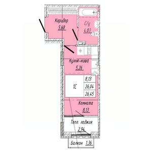 1-к квартира, строящийся дом, 26м2, 8/8 этаж