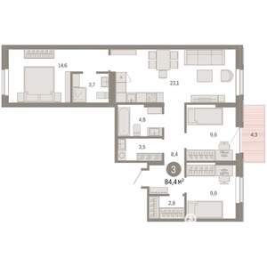 3-к квартира, вторичка, 84м2, 7/9 этаж