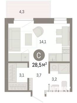 Студия квартира, вторичка, 28м2, 7/9 этаж
