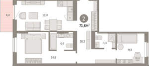 2-к квартира, вторичка, 72м2, 6/9 этаж