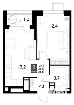 1-к квартира, вторичка, 34м2, 6/21 этаж